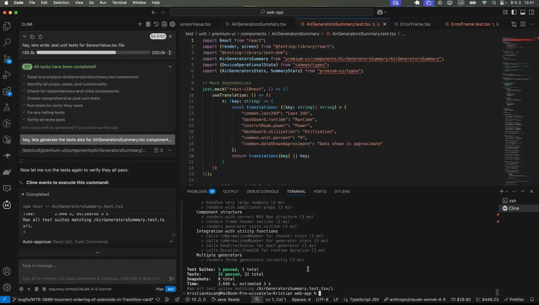 Cline — 32 tests passing, Dev Diary 21, AI-generated unit tests